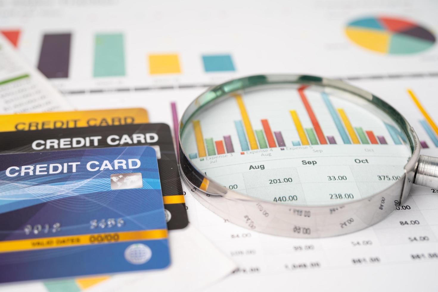 modèle de carte de crédit avec loupe, développement financier, comptabilité, statistiques, investissement, recherche analytique, données, économie, bureau, entreprise, banque, concept. photo