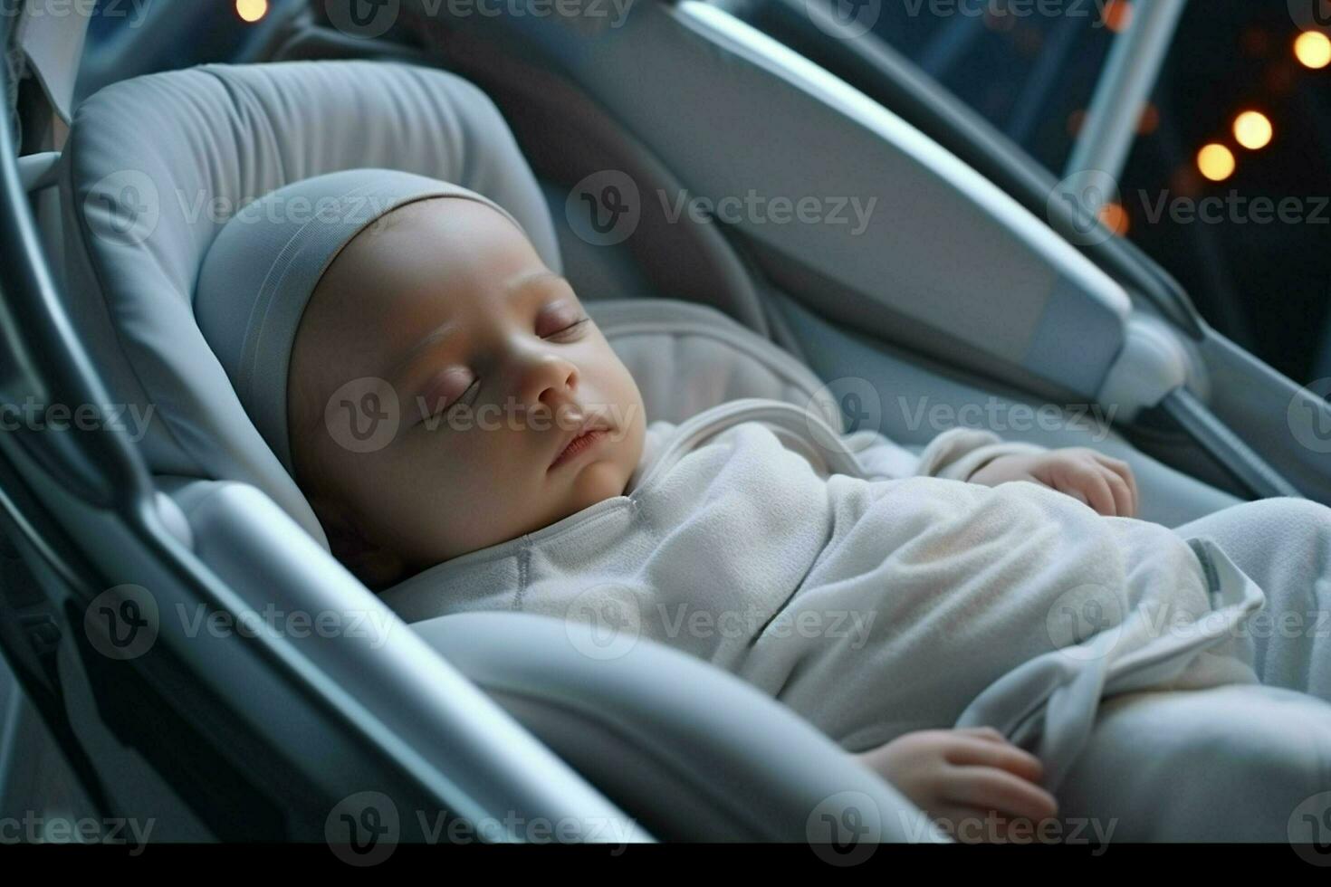 mignonne peu bébé en train de dormir dans une bébé voiture siège à maison. ai généré pro photo