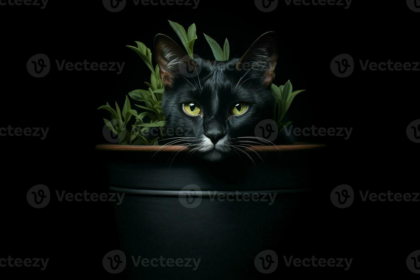 portrait de une mignonne chat dans une pot sur une noir Contexte. ai généré pro photo