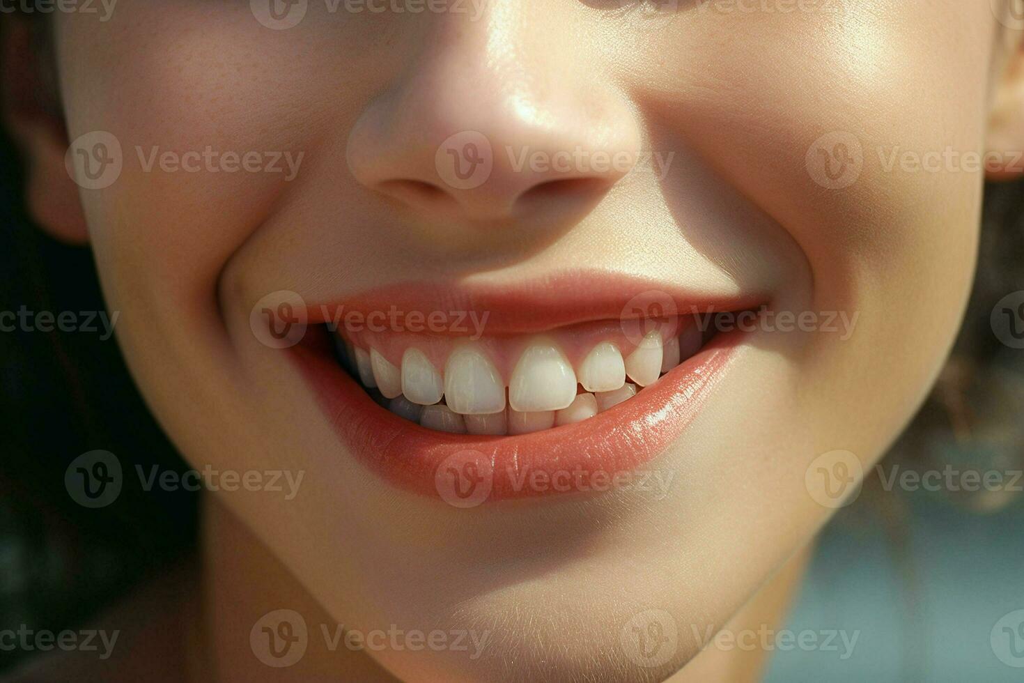 Jeune femme avec magnifique en bonne santé sourire, fermer. dentaire se soucier. ai généré pro photo