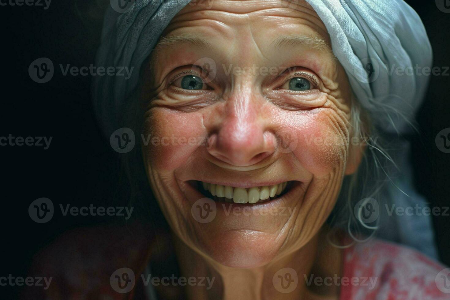 portrait de une souriant Sénior femme. concentrer sur le yeux. ai généré pro photo