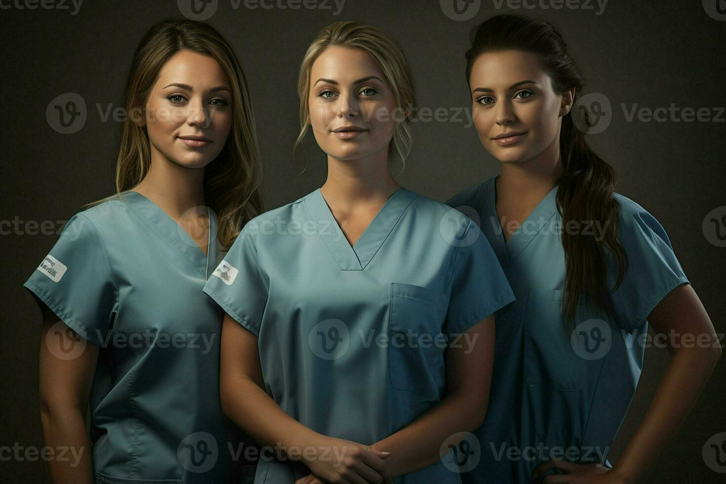 magnifique Jeune femmes dans médical uniforme permanent dans hôpital couloir. ai généré pro photo
