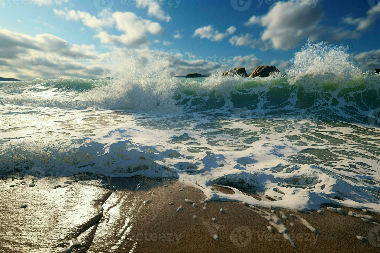 magnifique paysage marin avec vagues dans le mer à le coucher du soleil. ai généré pro photo