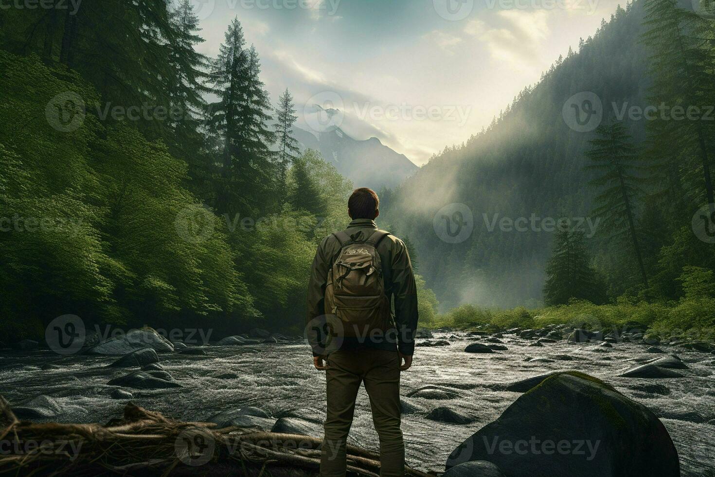 homme avec une sac à dos permanent dans le milieu de une Montagne rivière. ai généré pro photo