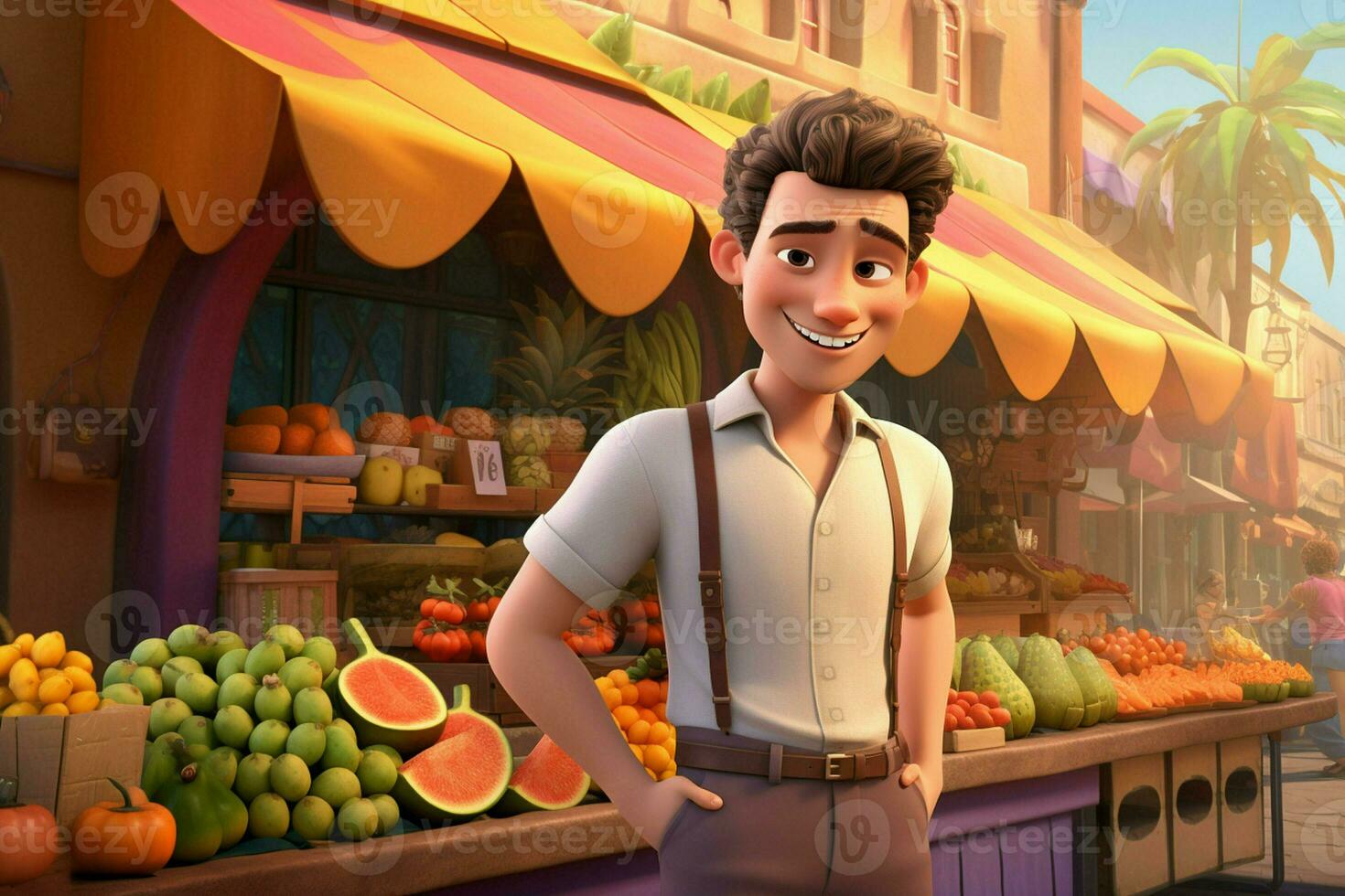 une dessin animé personnage dans une épicerie boutique vente fruit. ai généré pro photo