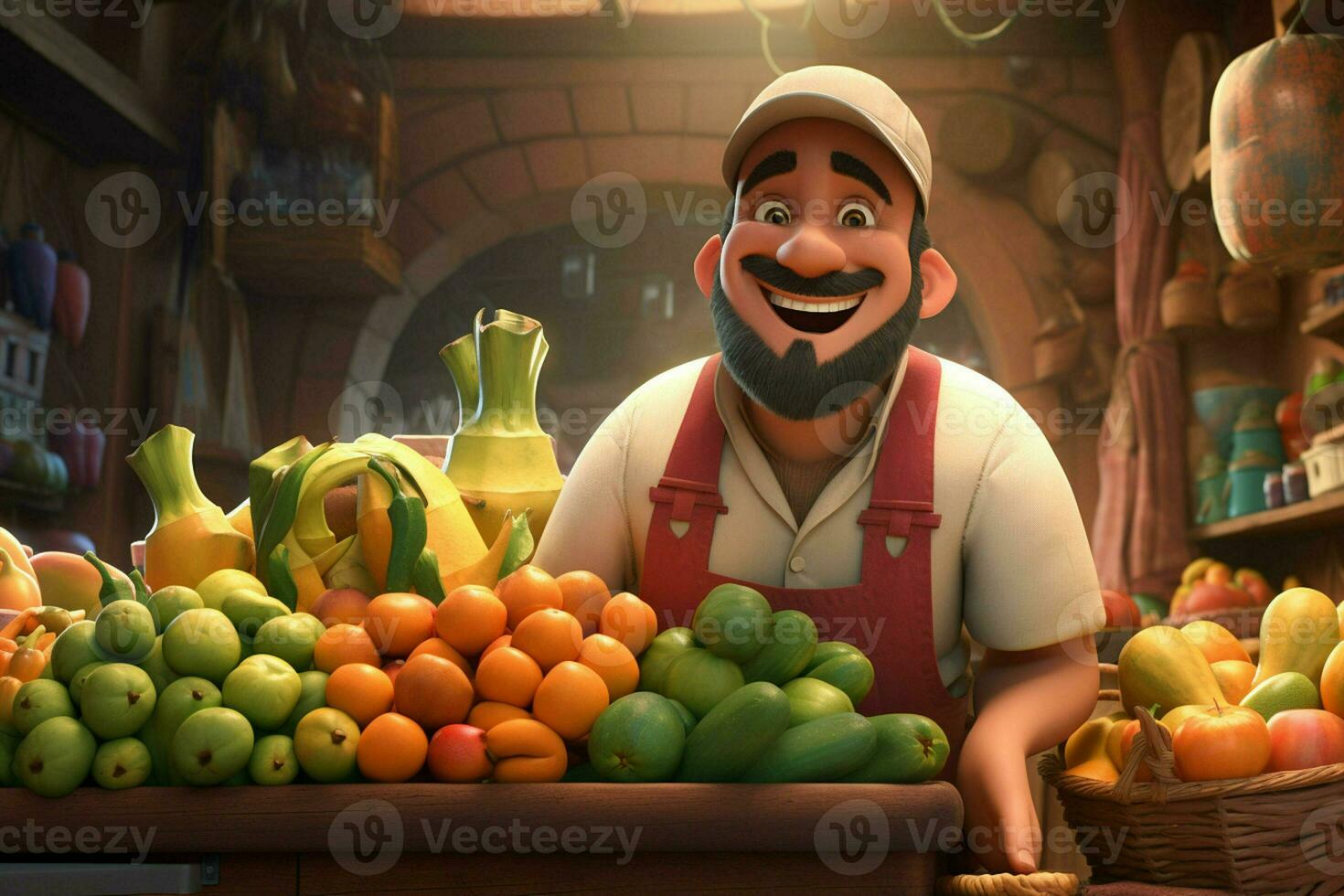 une dessin animé personnage dans une épicerie boutique vente fruit. ai généré pro photo