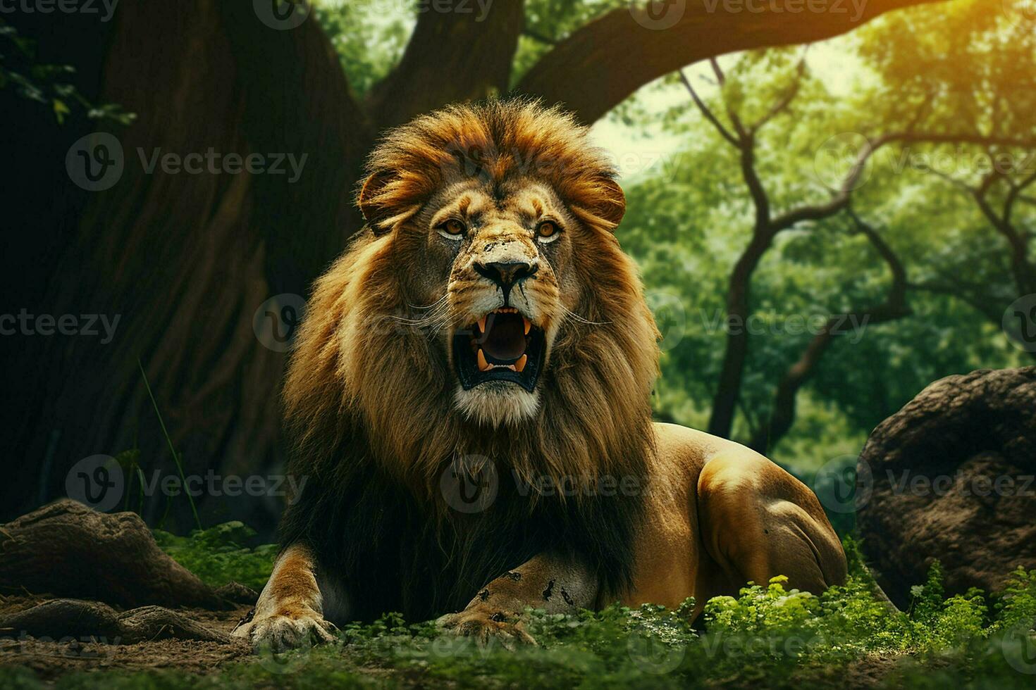 portrait de une gros Masculin Lion dans le jungle. sauvage animal. ai généré pro photo