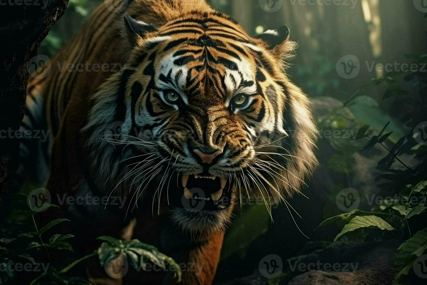 proche en haut de une tigre dans le jungle, panthera Tigre altaica. ai généré pro photo