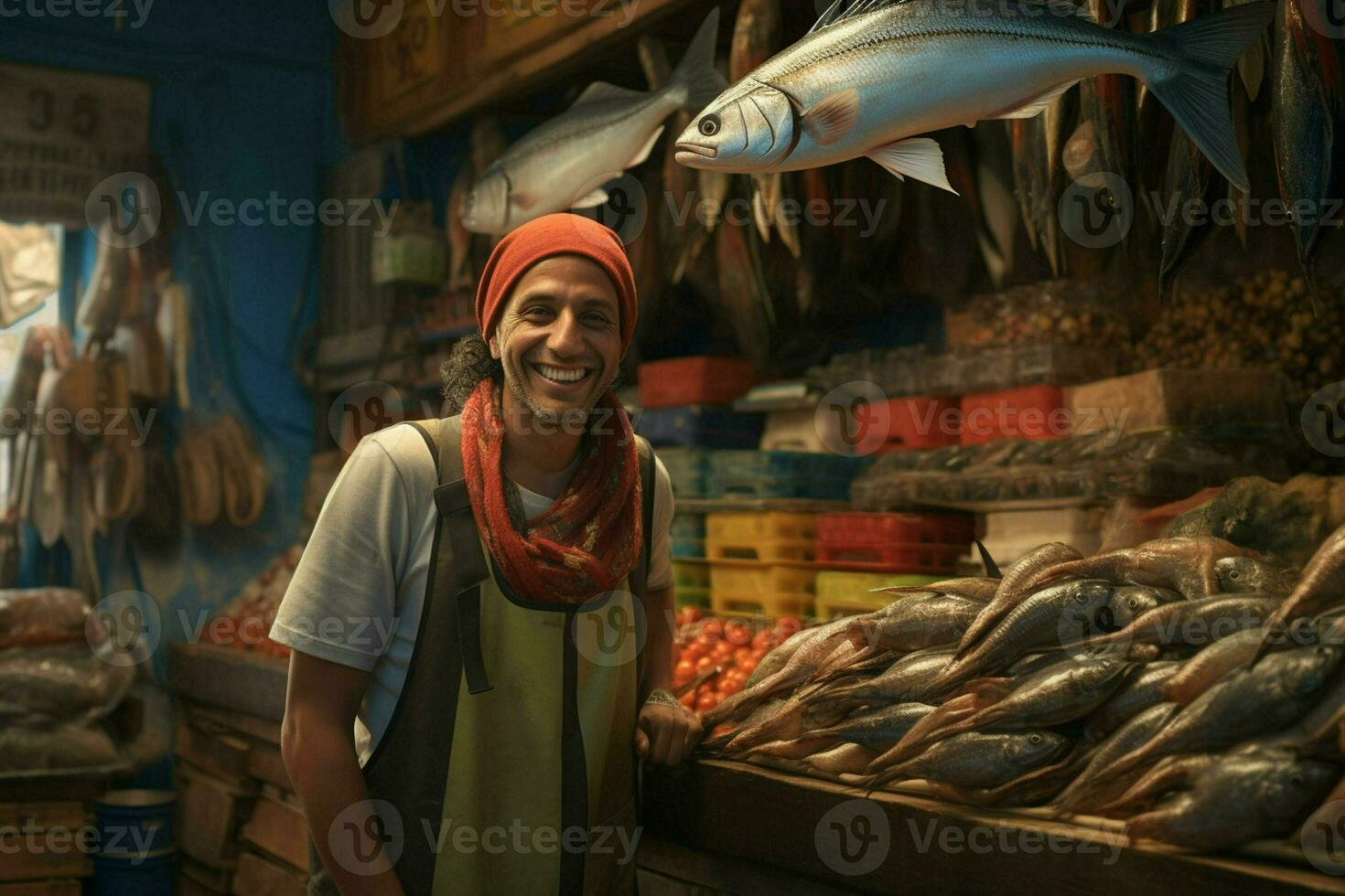 portrait de une souriant âge moyen homme vente Frais poisson dans une poisson magasin. ai généré photo