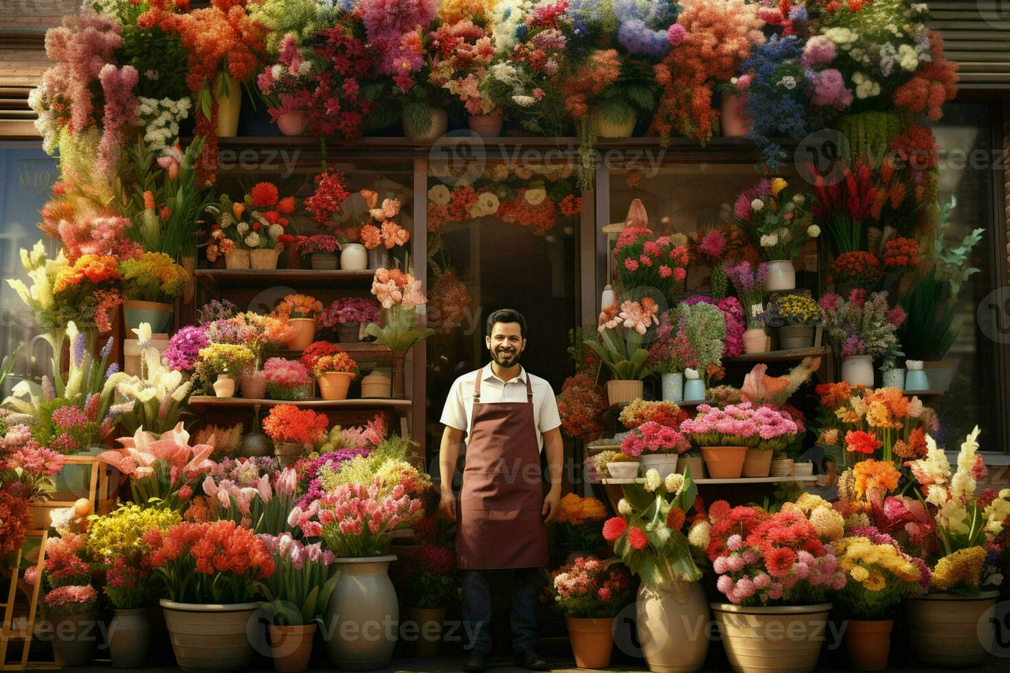 portrait de une souriant Masculin fleuriste permanent dans fleur magasin. ai généré pro photo