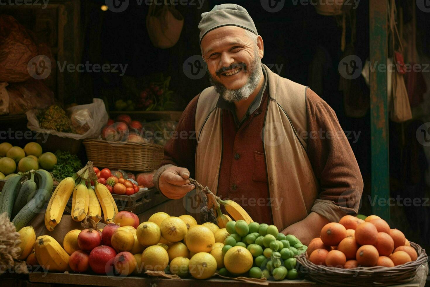 portrait de une souriant homme vente des fruits dans une fruit magasin. ai généré pro photo