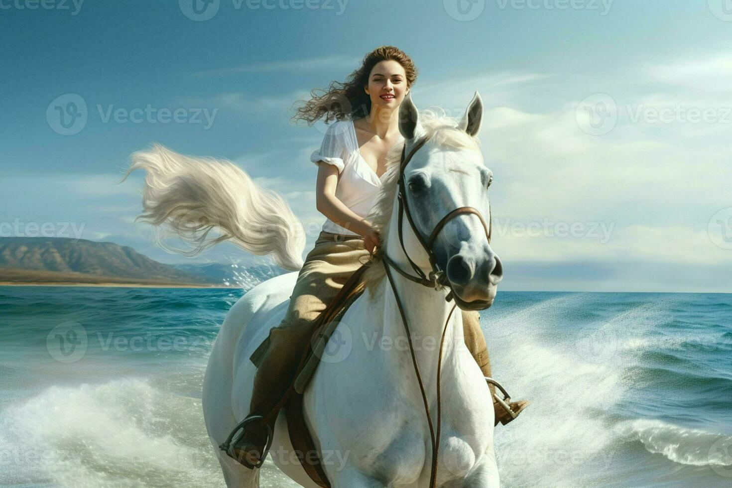 magnifique fille dans une blanc robe équitation une cheval sur le