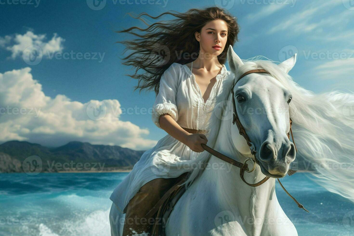 magnifique fille dans une blanc robe équitation une cheval sur le plage. ai généré pro photo