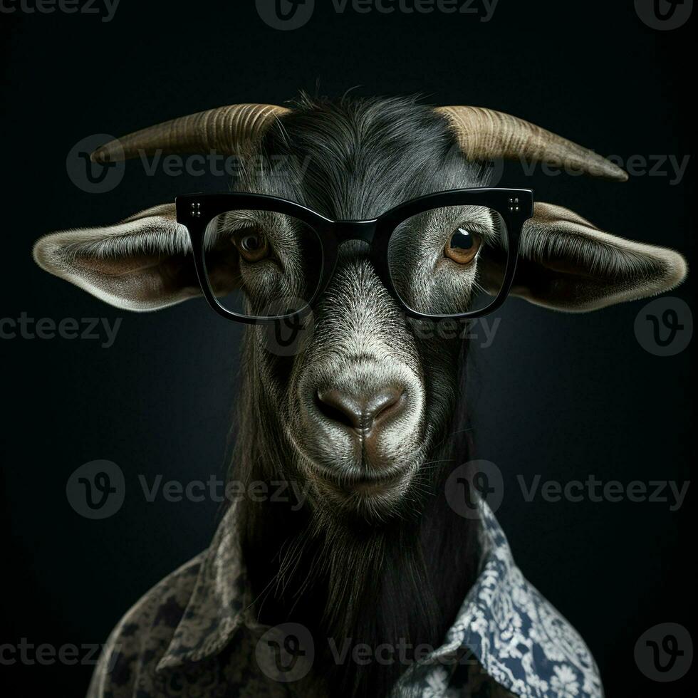 portrait de une chèvre avec des lunettes sur une noir Contexte. studio tir. ai généré pro photo