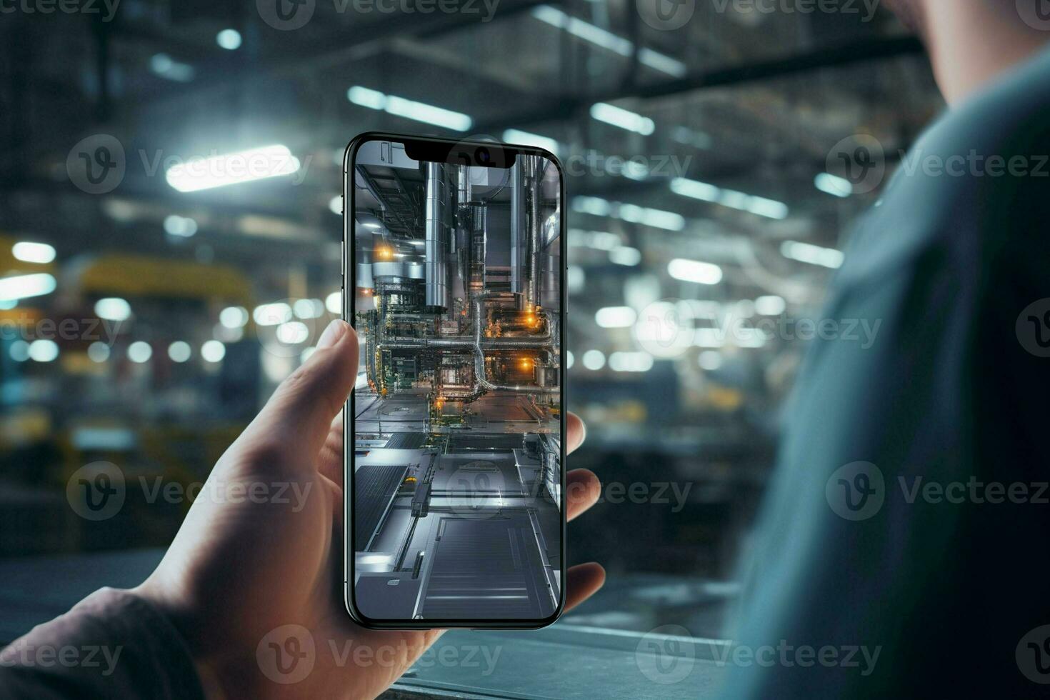 technicien travail avec mobile téléphone à nuit dans le usine. La technologie concept. ai généré pro photo