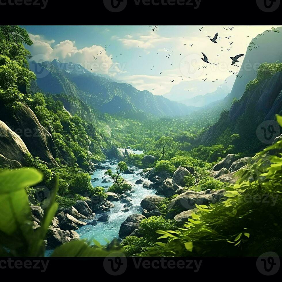 fantaisie paysage avec une cascade et une oiseau en volant dans le ciel. ai généré photo