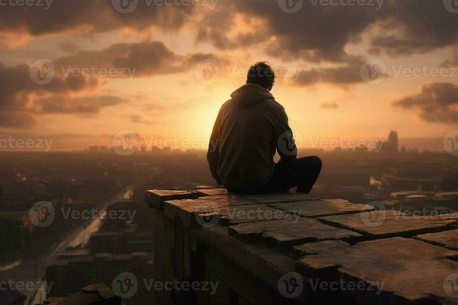 homme séance sur le bord de une en bois table à la recherche à le le coucher du soleil. ai généré pro photo