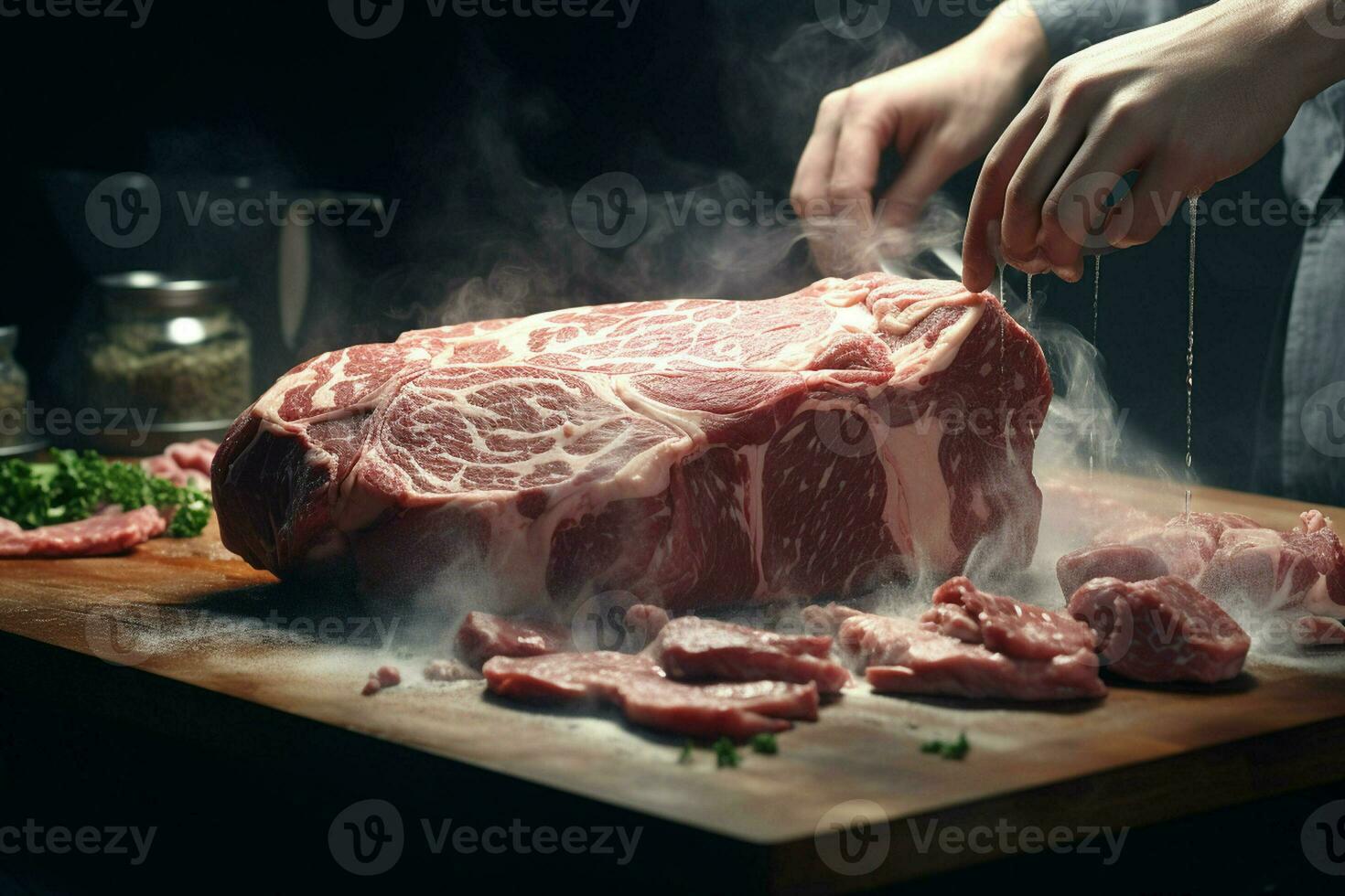 brut Frais du boeuf steak Couper dans pièces sur une en bois Coupe planche. ai généré pro photo