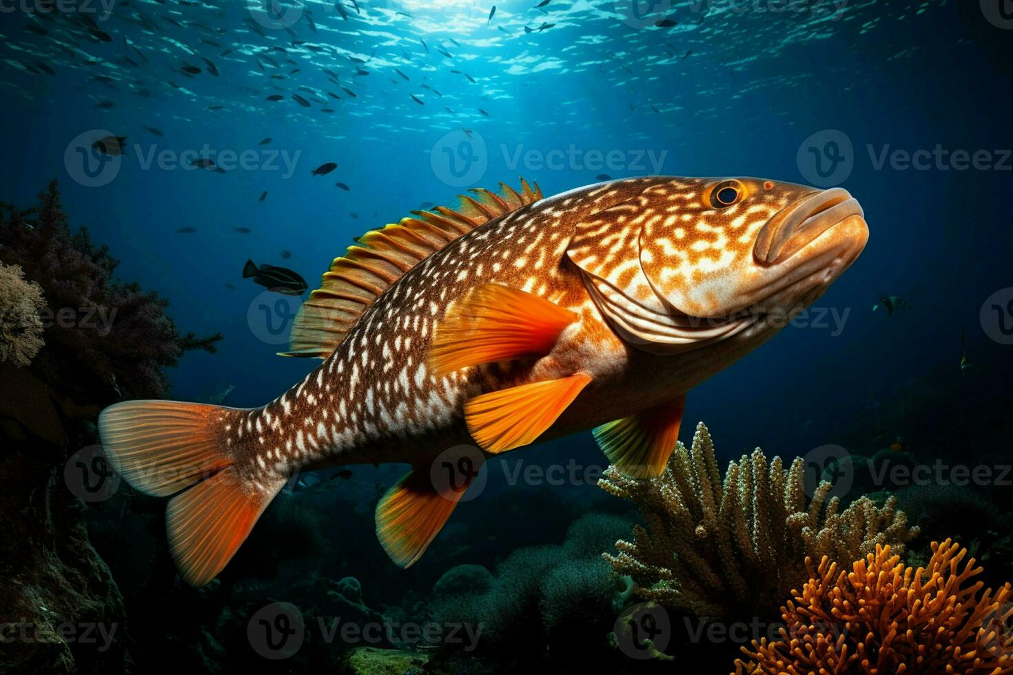 groupeur sur une corail récif. sous-marin monde. 3d illustration. ai généré pro photo