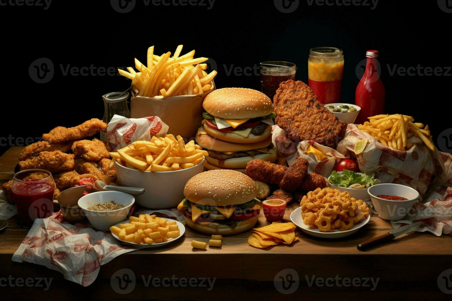 vite nourriture restaurant menu. hamburgers, français frites, Salade De Chou, poulet pépites et salades sur en bois tableau. ai généré pro photo