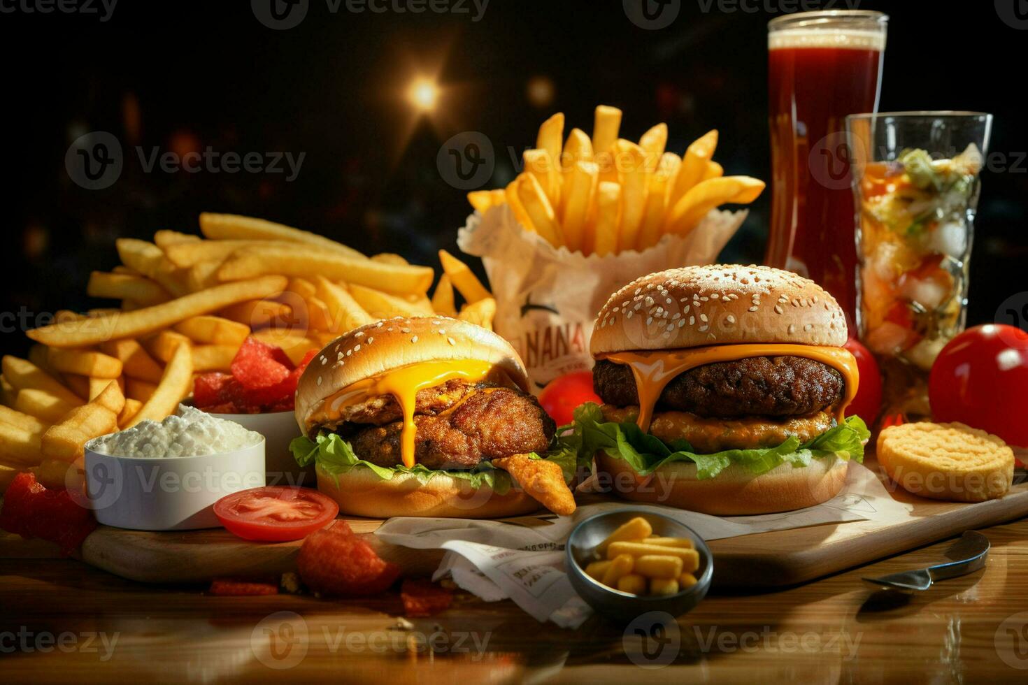 vite nourriture restaurant menu. hamburgers, français frites, Salade De Chou, poulet pépites et salades sur en bois tableau. ai généré pro photo