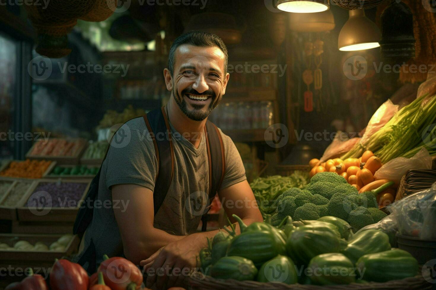 portrait de une souriant homme vente des légumes à une épicerie magasin. ai généré pro photo