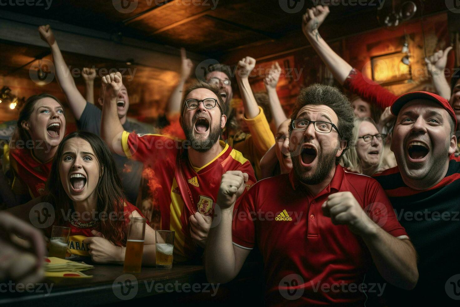 excité Belgique Football Ventilateurs applaudissement pour leur équipe pendant une Jeu à stade. ai généré pro photo