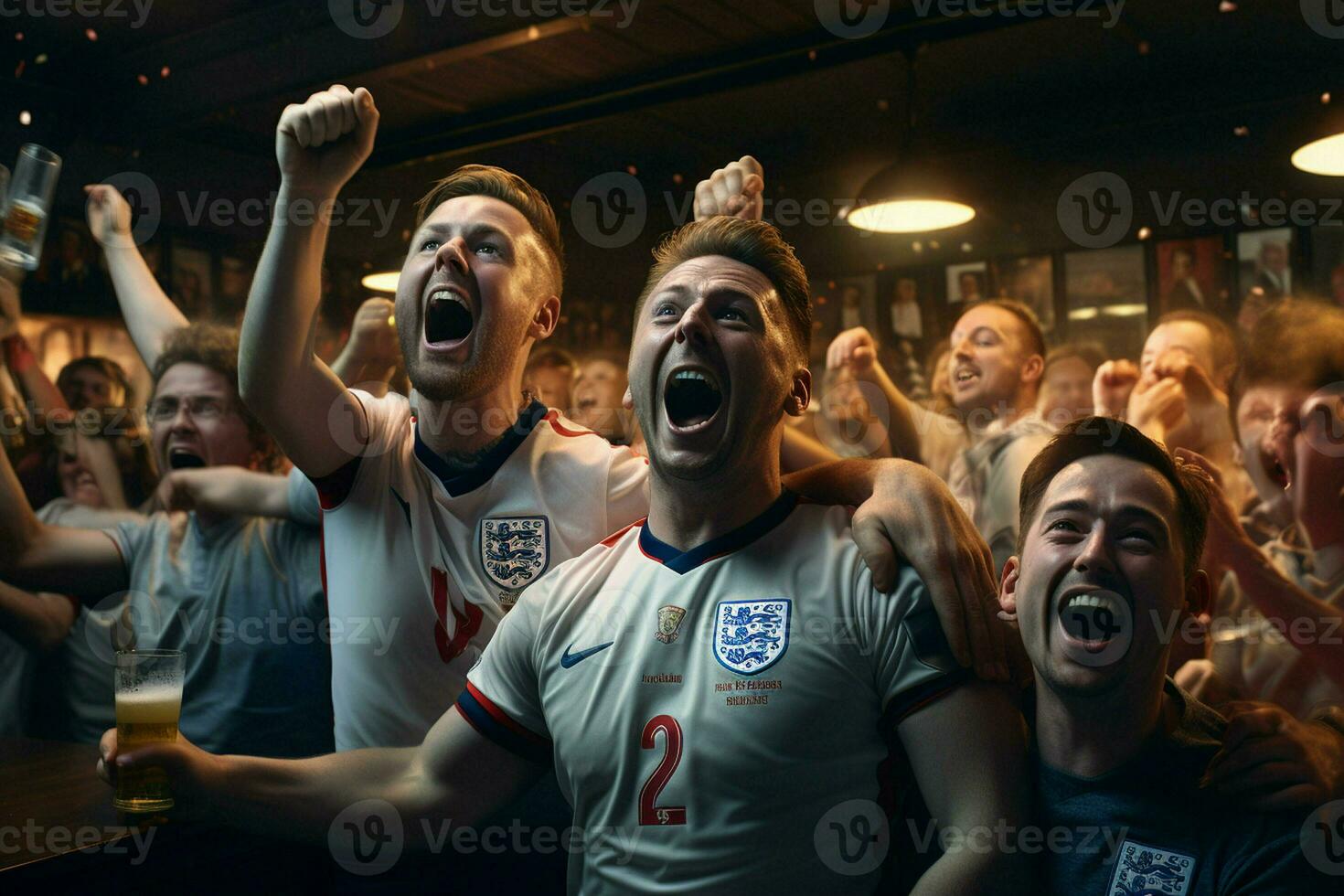 excité Angleterre Football Ventilateurs applaudissement pour leur équipe pendant une Jeu à stade. ai généré pro photo