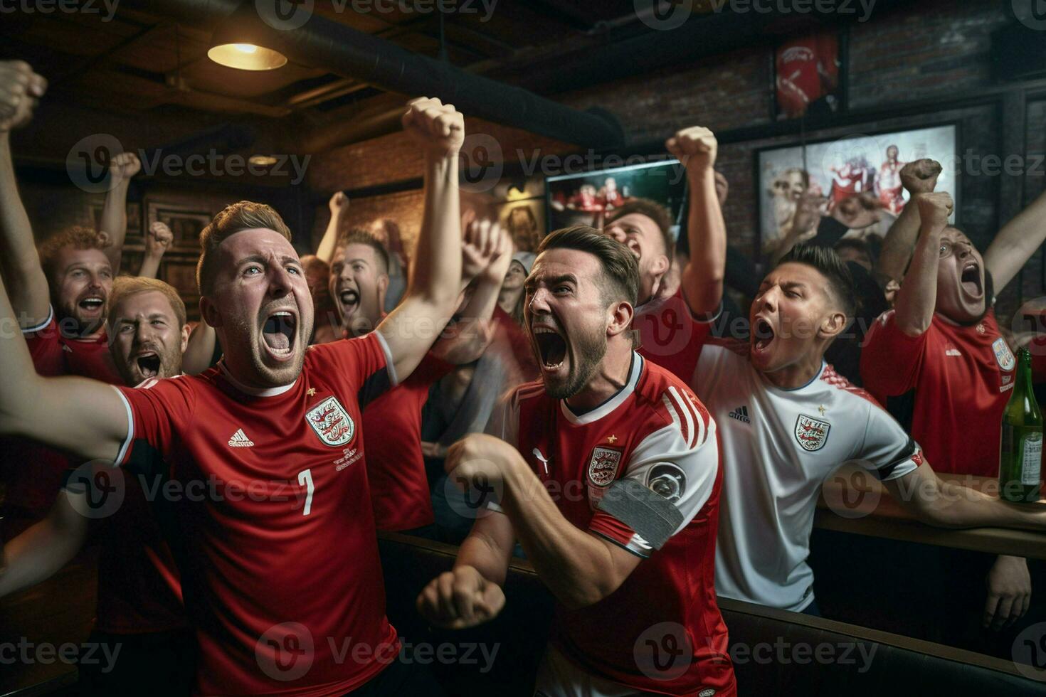 excité Angleterre Football Ventilateurs applaudissement pour leur équipe pendant une Jeu à stade. ai généré pro photo