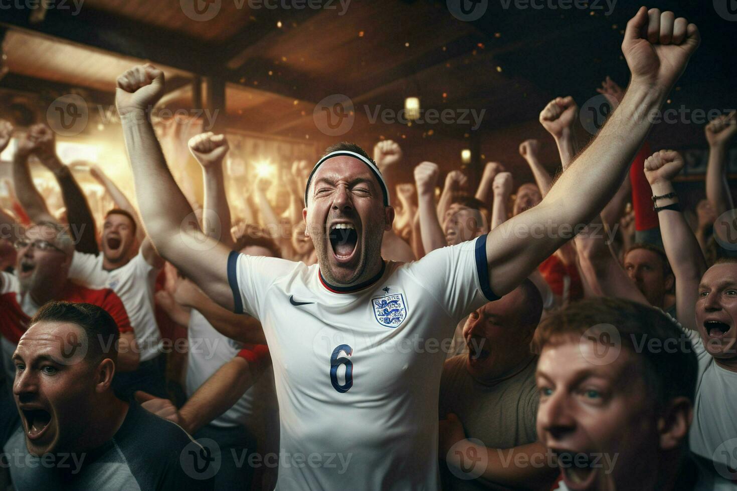 excité Angleterre Football Ventilateurs applaudissement pour leur équipe pendant une Jeu à stade. ai généré pro photo