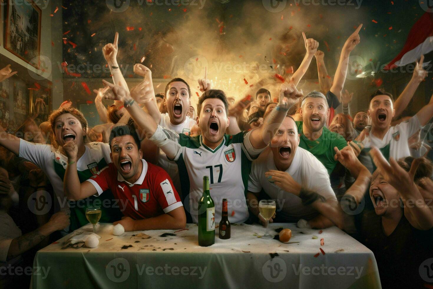 excité Italie Football Ventilateurs applaudissement pour leur équipe pendant une Jeu à stade. ai généré pro photo