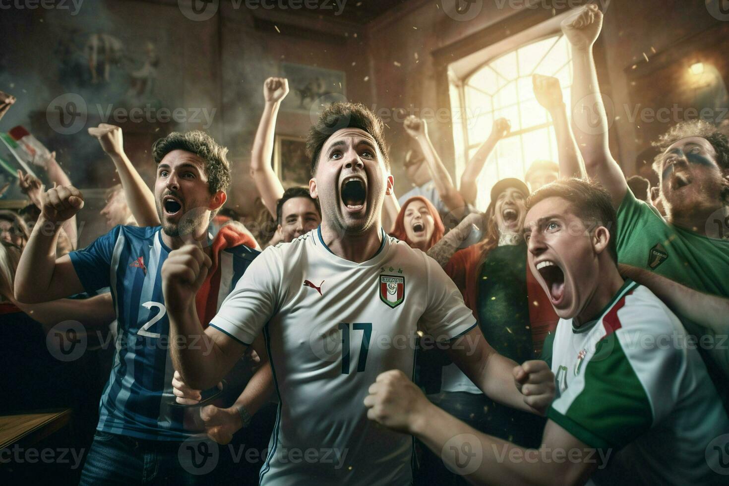 excité Italie Football Ventilateurs applaudissement pour leur équipe pendant une Jeu à stade. ai généré pro photo