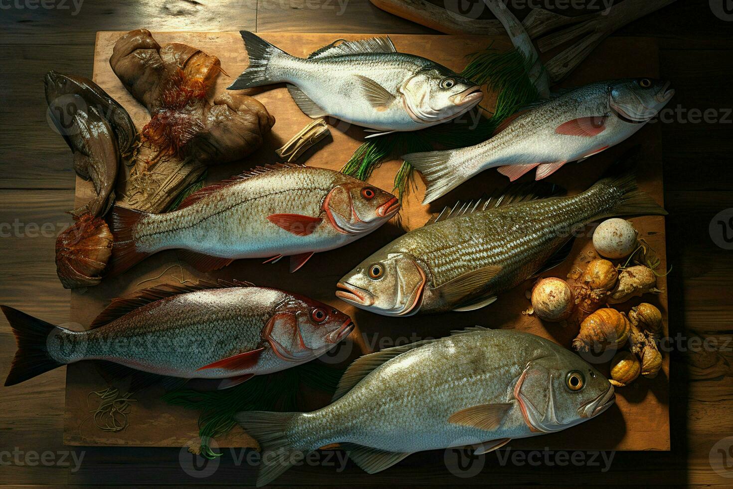 assortiment de Frais poisson sur une en bois Contexte. Haut voir. ai généré pro photo