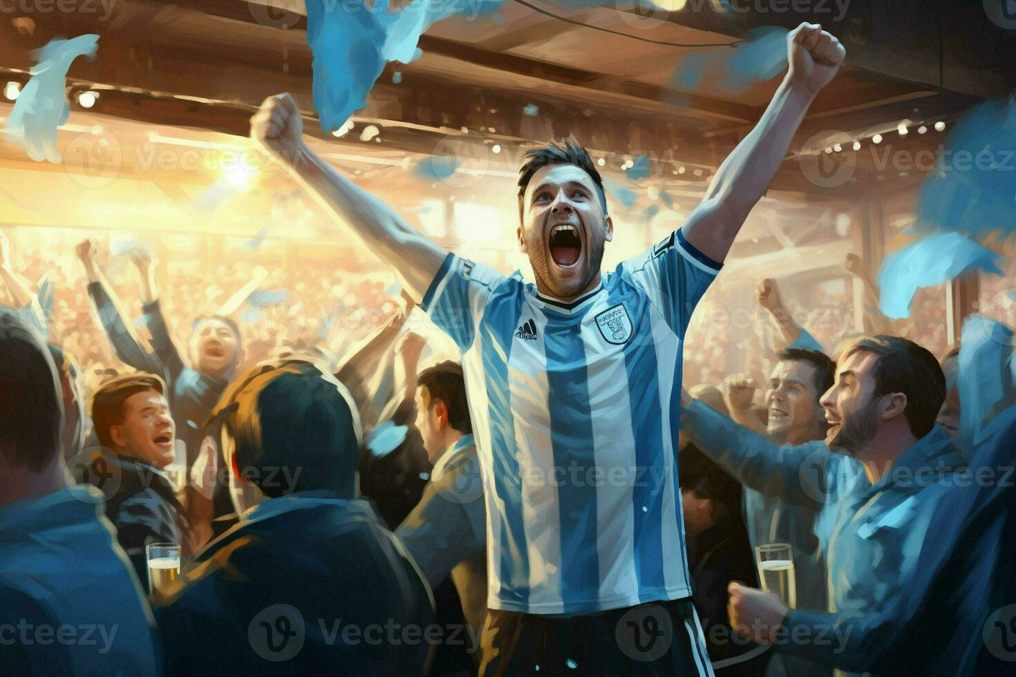 excité Argentine Football Ventilateurs applaudissement pour leur équipe pendant une Jeu à stade. ai généré pro photo