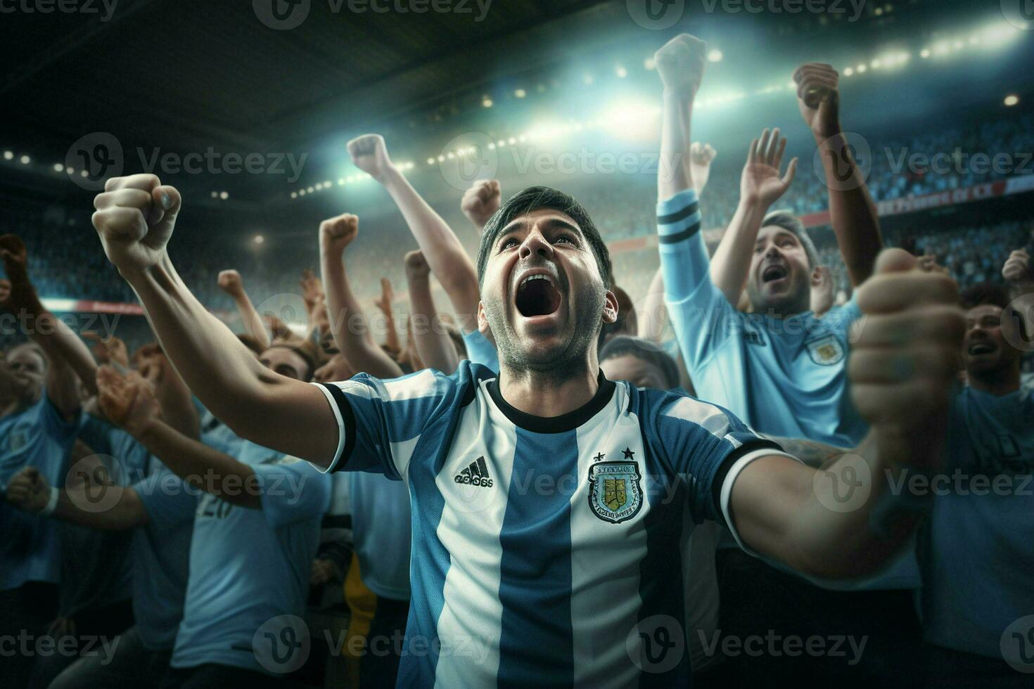 excité Argentine Football Ventilateurs applaudissement pour leur équipe pendant une Jeu à stade. ai généré pro photo