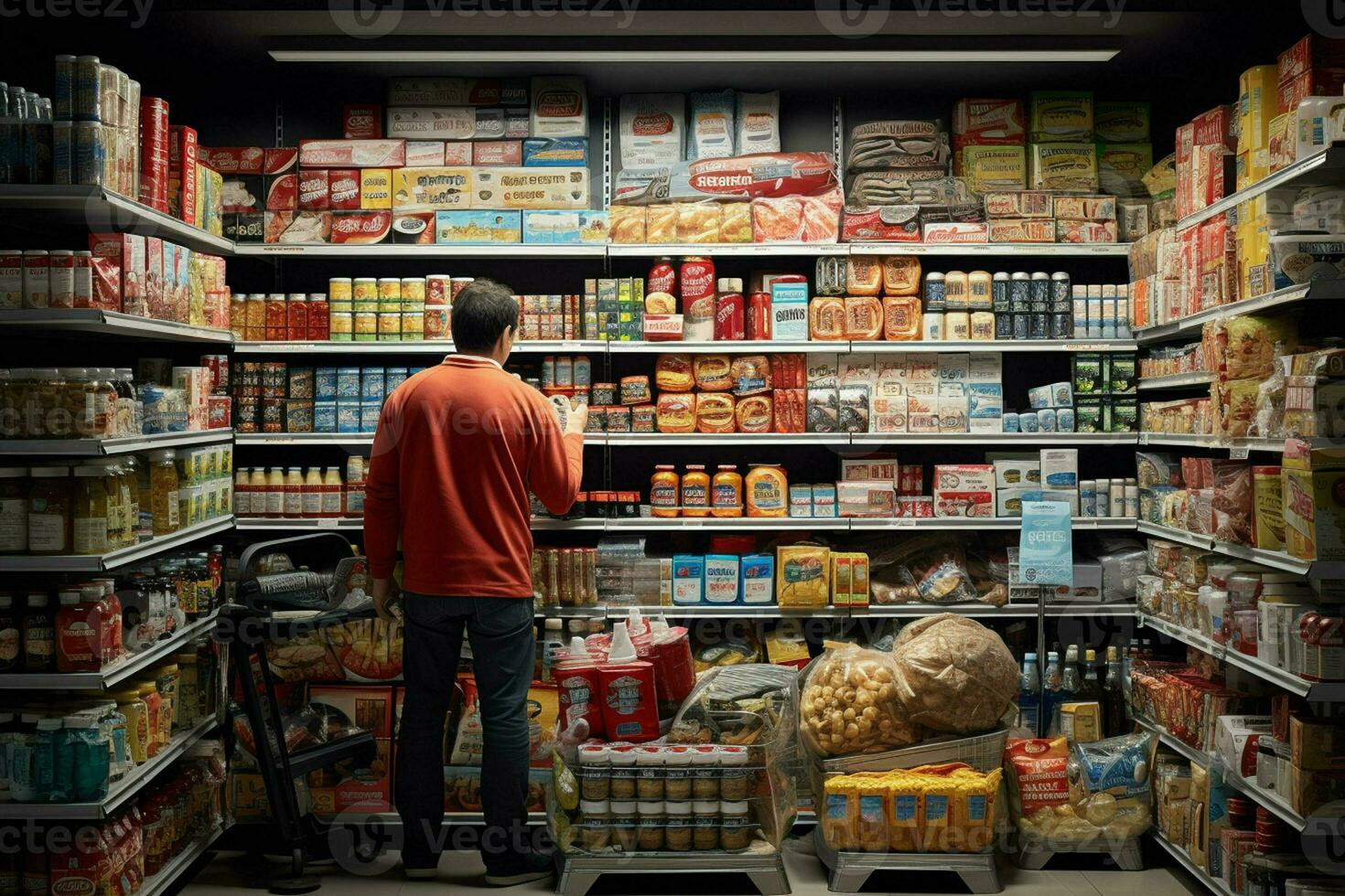 homme permanent dans supermarché et à la recherche à étagères avec nourriture des produits. ai généré pro photo