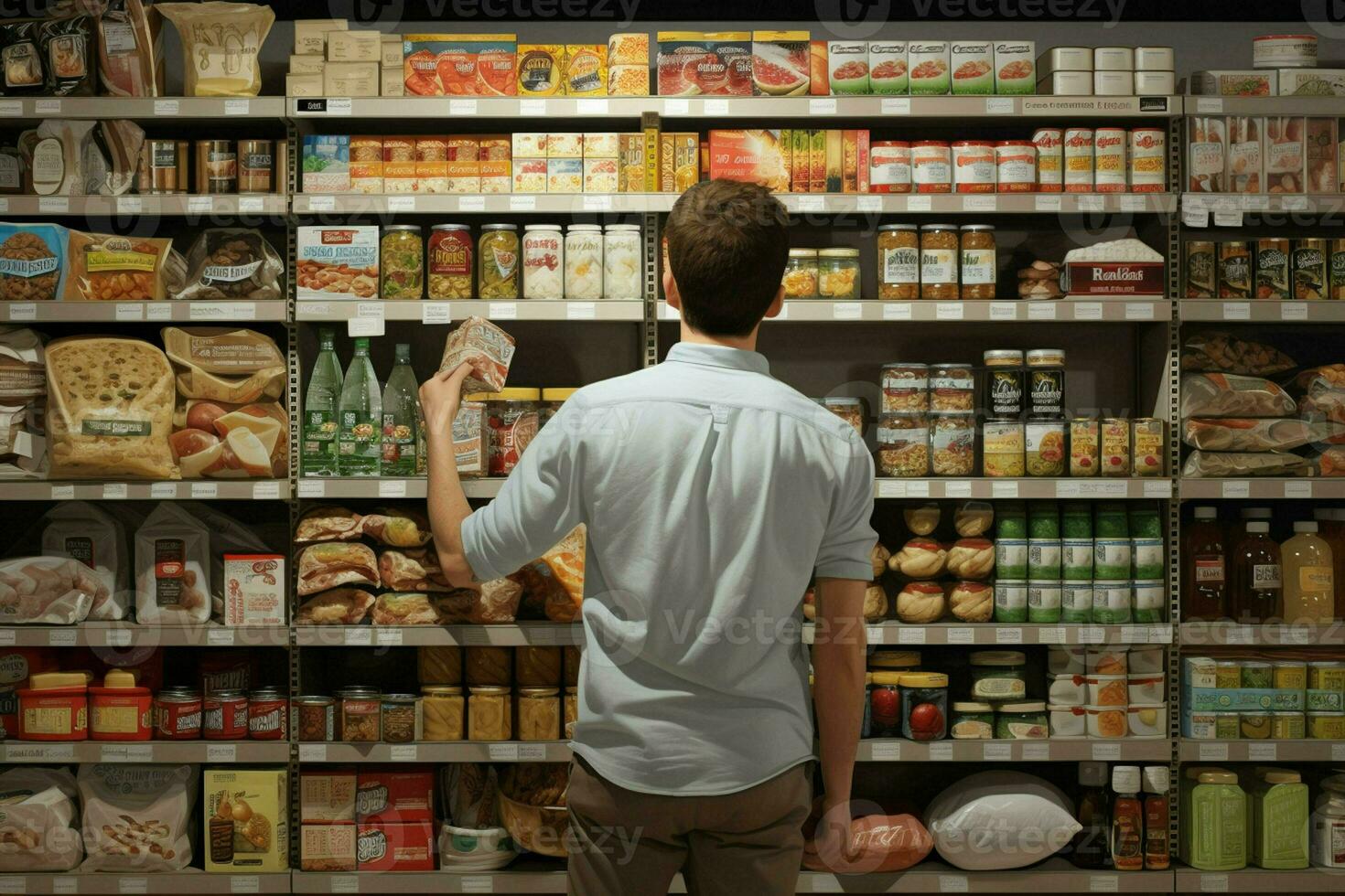 homme permanent dans supermarché et à la recherche à étagères avec nourriture des produits. ai généré pro photo