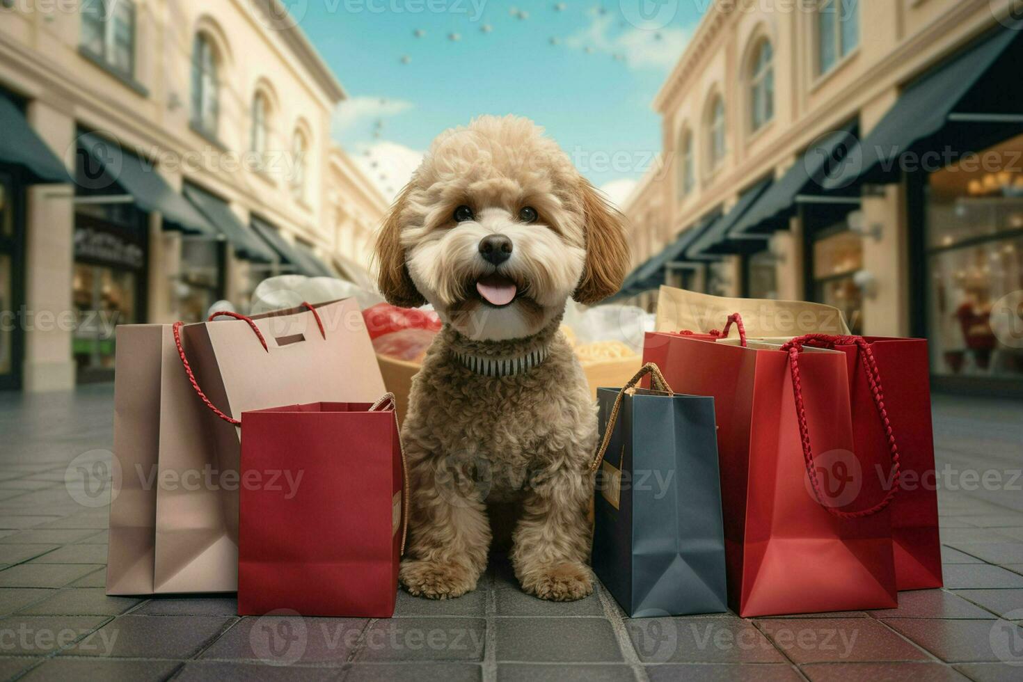 mignonne chien avec achats Sacs dans le ville. achats concept. ai généré pro photo