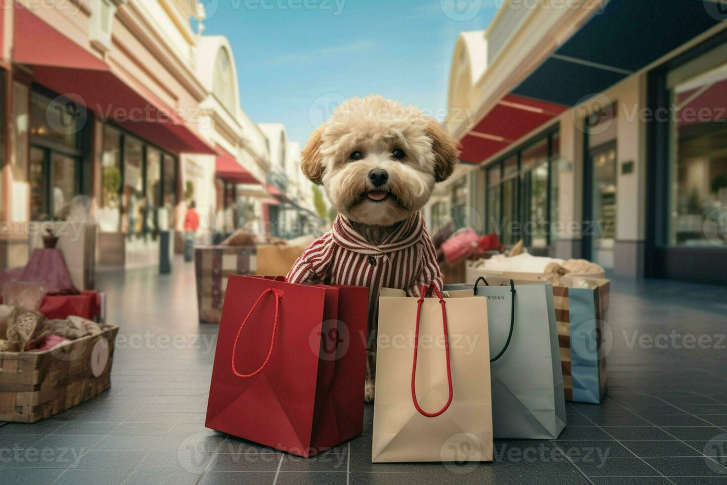 mignonne chien avec achats Sacs dans le ville. achats concept. ai généré pro photo