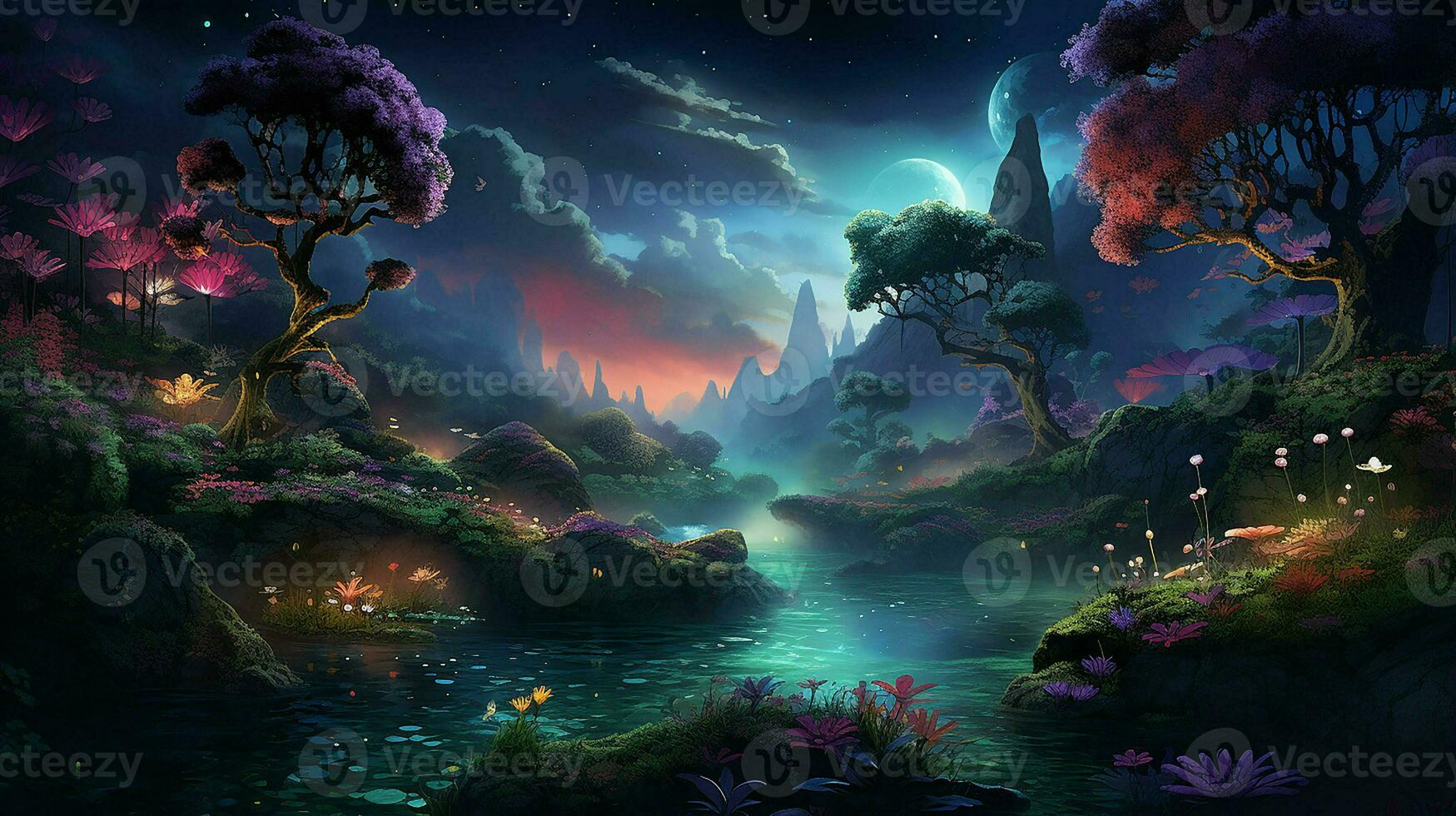 fantaisie paysage avec rivière et fantaisie forêt à nuit. numérique peinture. ai généré pro photo