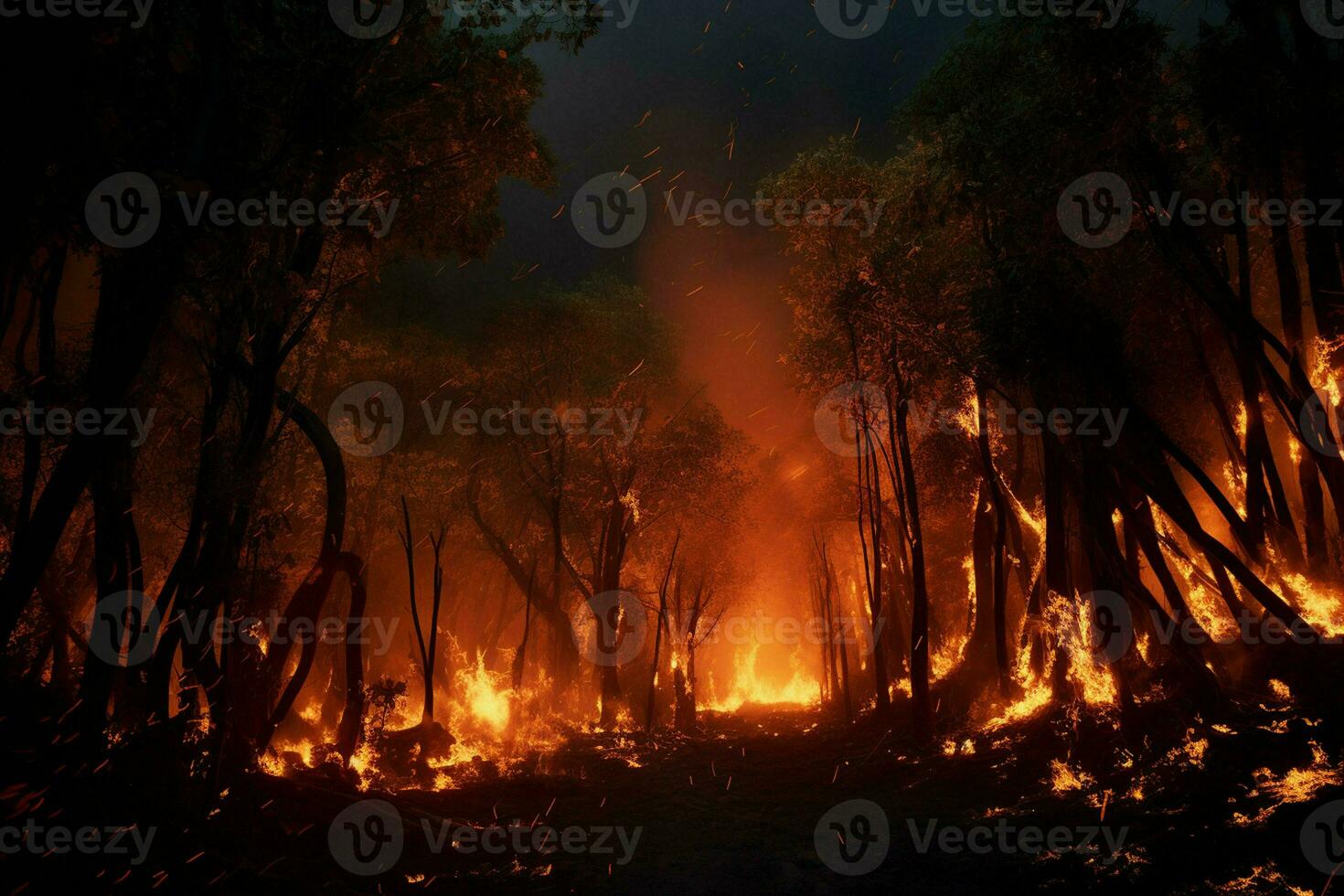 Feu dans le forêt, brûlant des arbres et des buissons dans le Contexte. ai généré pro photo