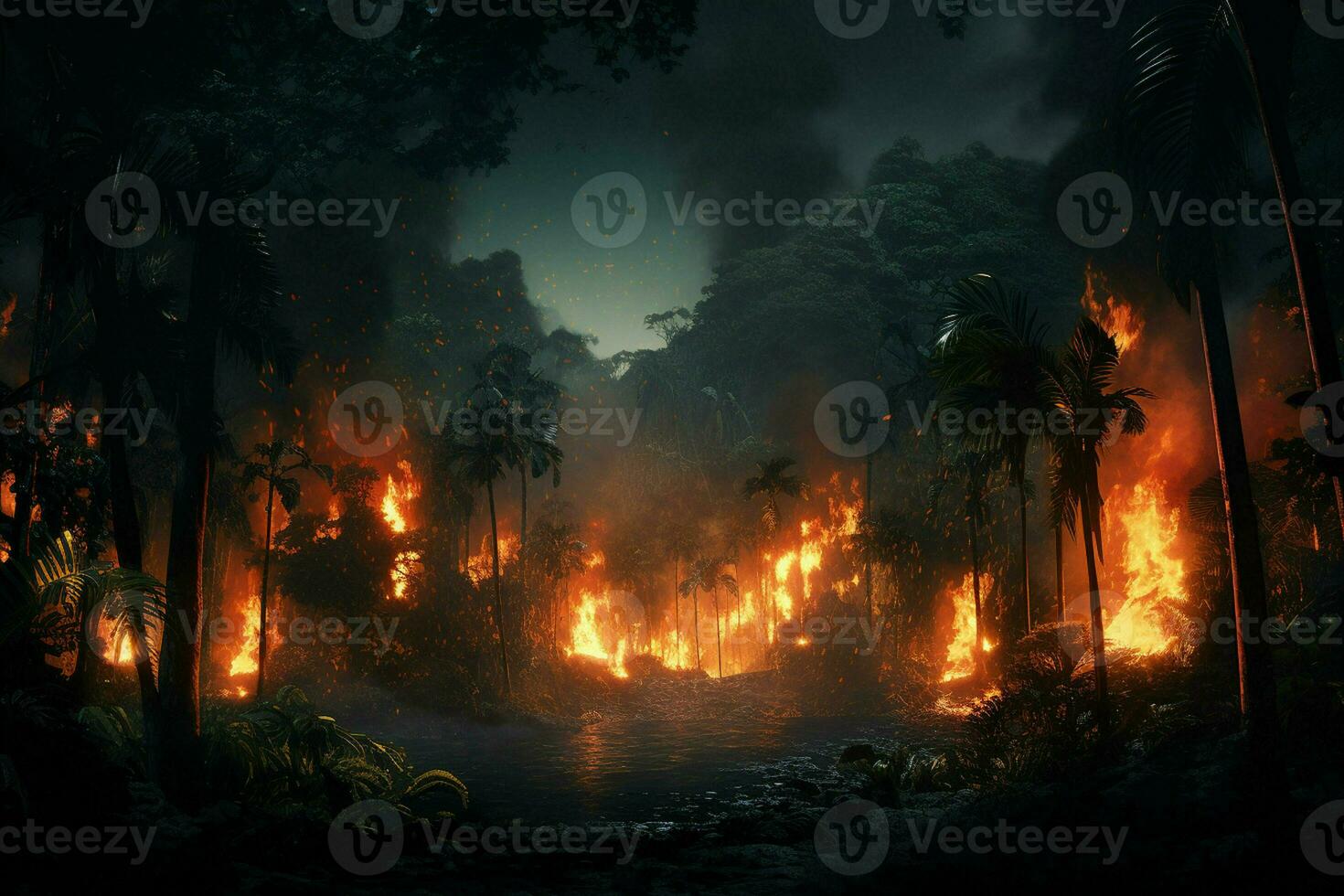 Feu dans le forêt, brûlant des arbres et des buissons dans le Contexte. ai généré pro photo