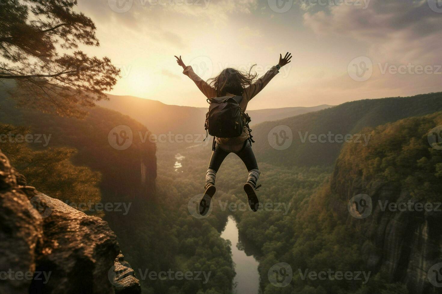 Jeune femme promeneur sauter plus de falaise dans le brumeux vallée à lever du soleil. ai généré pro photo