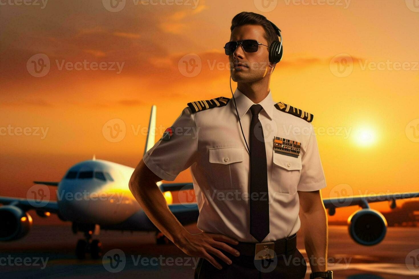 portrait de Beau pilote dans uniforme permanent dans de face de avion à aéroport. ai généré pro photo