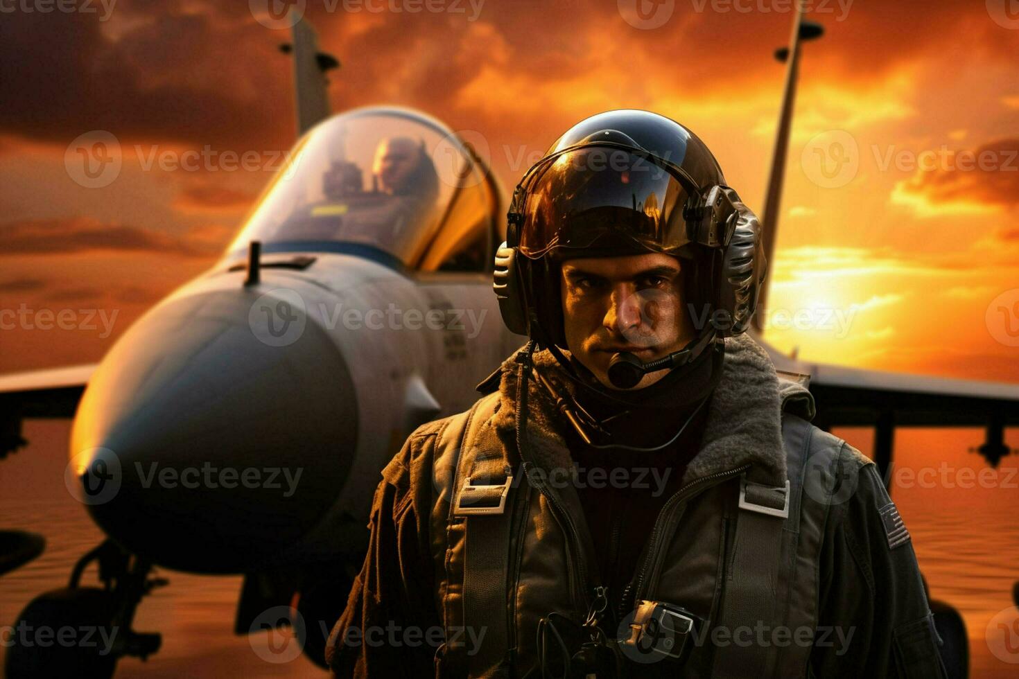 coup de une Beau Jeune homme dans une militaire uniforme avec un avion dans le Contexte. ai généré pro photo