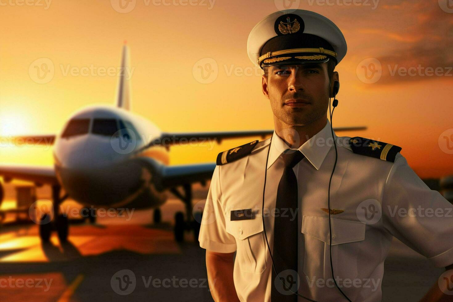 portrait de Beau pilote dans uniforme permanent dans de face de avion à aéroport. ai généré pro photo