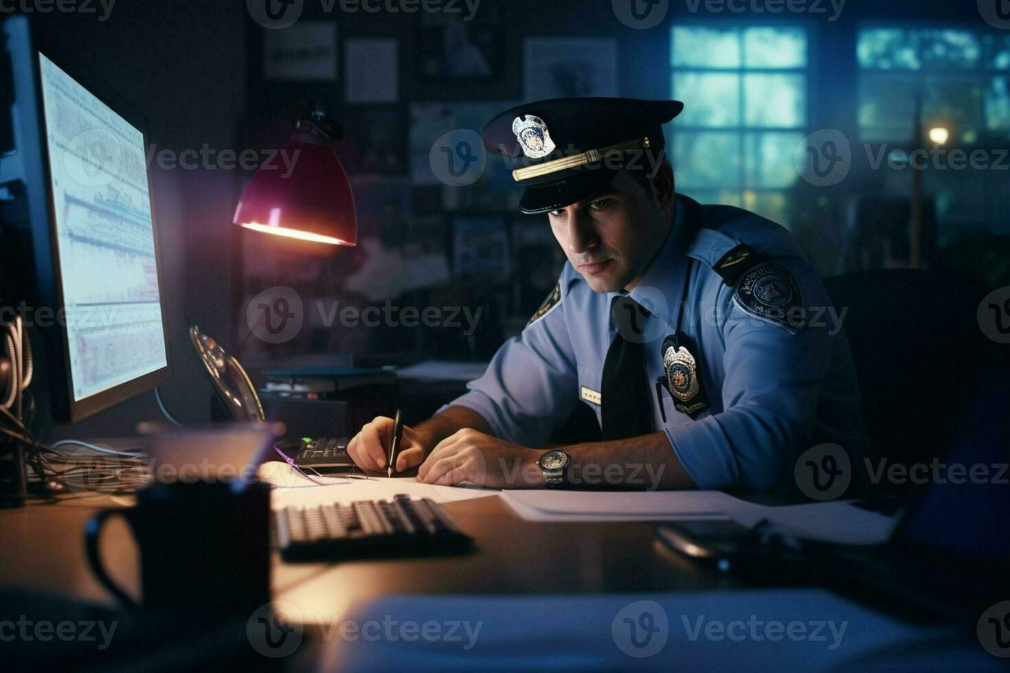 portrait de Masculin police officier séance à lieu de travail. ai généré pro photo