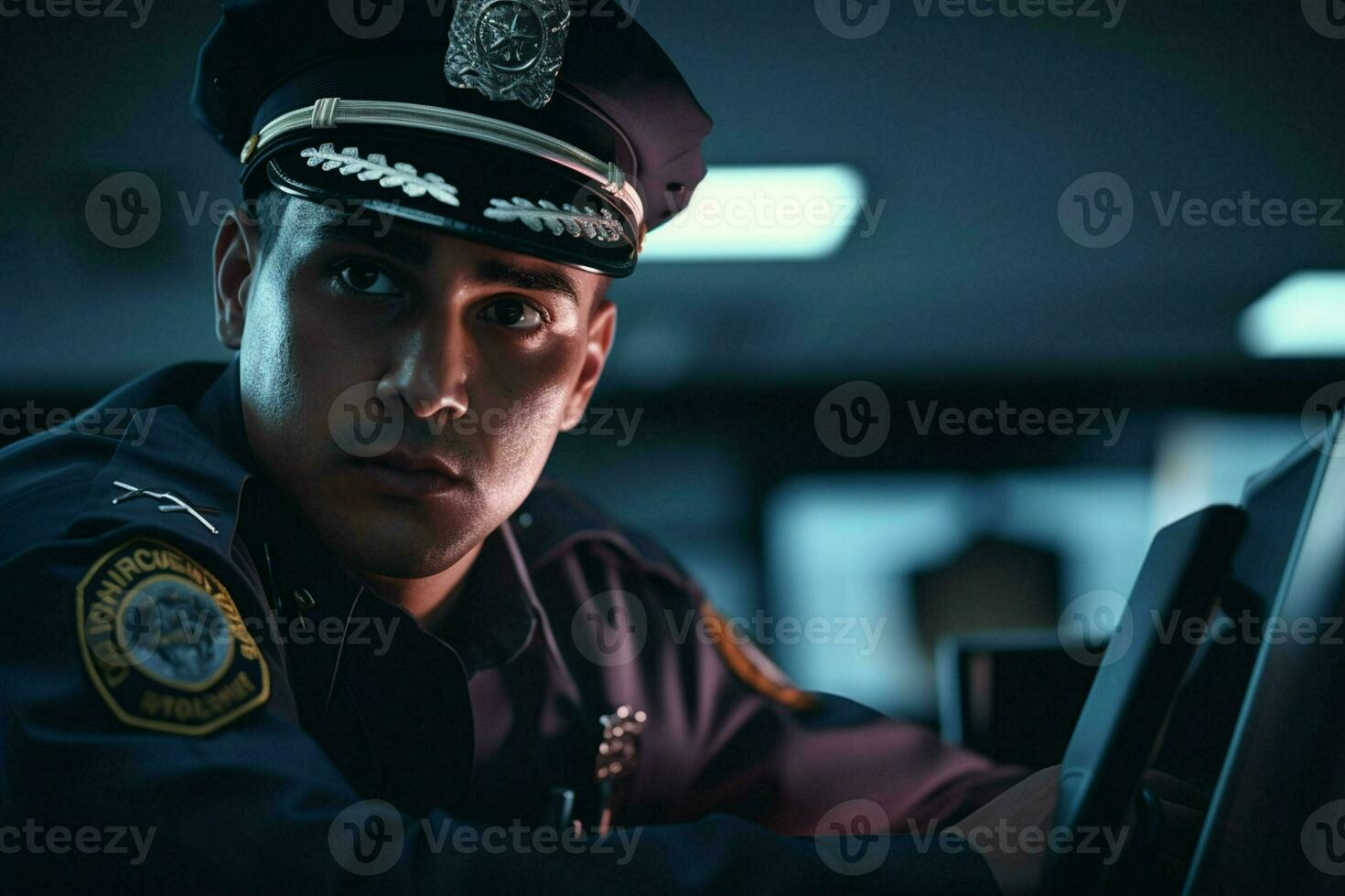 portrait de Masculin police officier séance à lieu de travail. ai généré pro photo