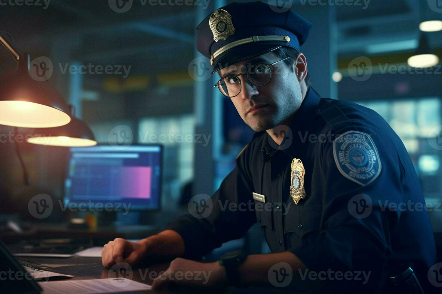 portrait de Masculin police officier séance à lieu de travail. ai généré pro photo