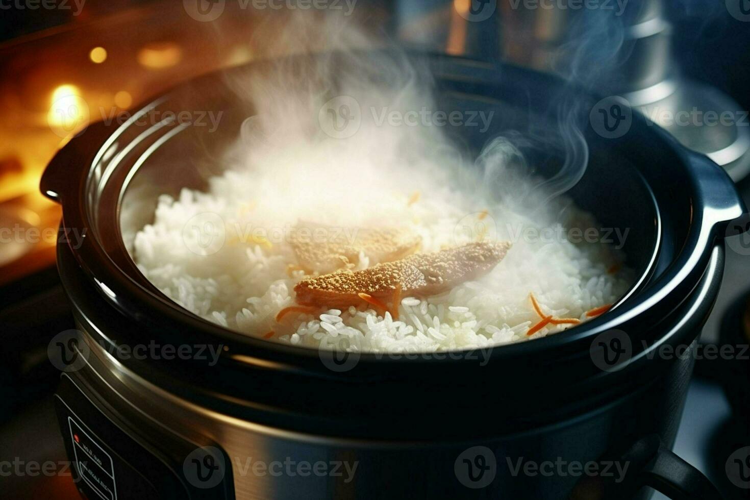 cuisine riz dans chaud pot avec vapeur sur poêle, fermer. ai généré pro photo